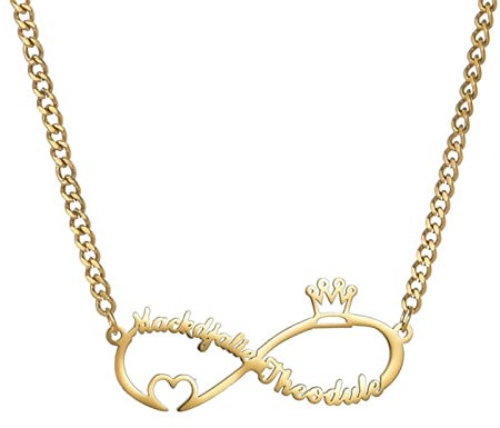 JewelryWe Schmuck Namenskette Damen Edelstahl Personalisierte Halskette Infinity Unendlichkeit Zeichen Kette mit 2 Namen Herz Krone, Geschenk für Frauen Mädchen Freundin Mutter Schwester (Gold)