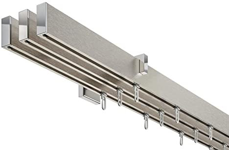 DécoProfi Gardinenstange Innenlauf 3-läufig Set Short rechteckig Silber Eloxiert/Verchromt I Länge: 120cm Aluminium für Wandmontage I Als Gardinenschiene & Vorhangstange geeignet