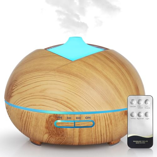 Bigqin Diffuseur d'huiles Essentielles 500ML, Humidificateur Diffuseur Parfumé Aromathérapie Ultrasons avec Télécommande 7 Lumières LED Diffuseur d'arôme pour Chambre Spa Yoga Bureau, Brun Clair