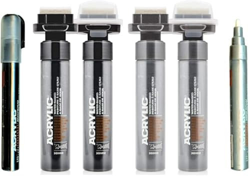 KLAMOTTEN STORE Montana Acrylic Marker Schwarz - Silber, 4 wasserfeste Stifte, 2mm - 30mm Spitze mit Pumpsystem