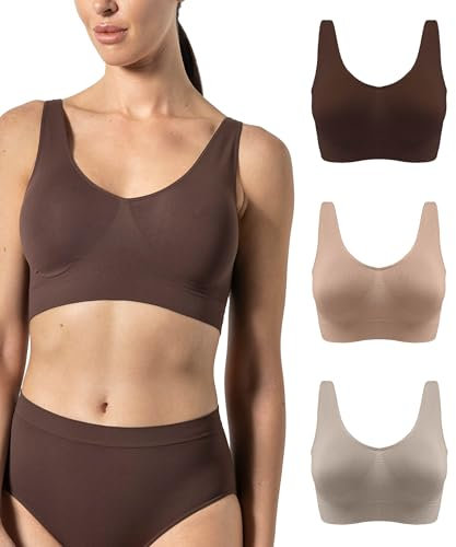Risalti 3 pièces haut femme large épaule,multipack soutien-gorge femme élastique brassiere en microfibre, sans couture, soutien-gorge sans armatures,Fabriqué en Italie, Chocolat-naturel-poudre, S/M