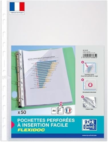 OXFORD Flexidoc 50 perforierte Hüllen mit seitlicher Öffnung A4 Polypro, glatt, Dicke 7/100, farblos
