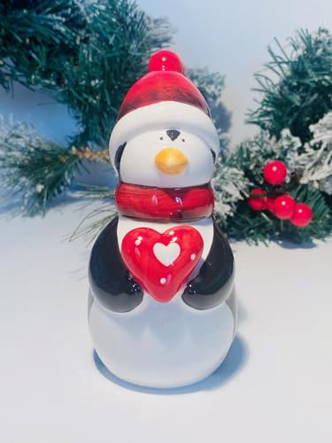 Mezzaluna Gifts Ceramic Glazed Snowman or Penguin Figurine with Heart Christmas Ornament (PENGUIN H14 x W7 x D7.5 cm)