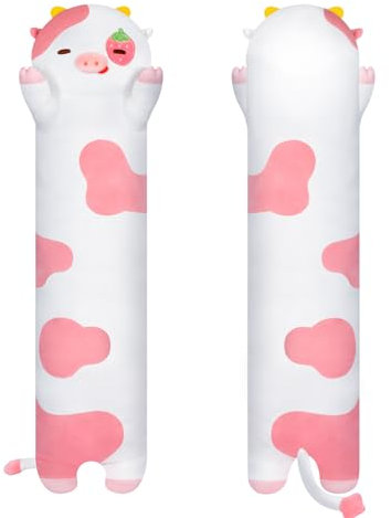 Mewaii 110CM Langes Kuh Kuscheltier Kawaii Erdbeerkuh Plüschtier Süße Stofftiere Kuh Plüschkissen für Kinder,Ausgestopftes Tier Spielzeug Kuschelkissen Geschenk