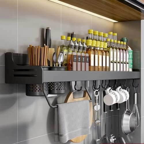 COITROZR Gewürzregal,Küchenregal Wand ohne Bohren,Gewürzregal Hängend Mit 10 Haken & 2 Hängebecher Anhebbares,Küchen Organizer Wandregal Regal,küchenutensilienhalter,70cm Schwarz