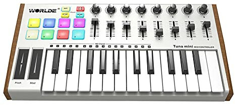 MIDI Controller, MINI Ultra-25-Key USB MIDI Keyboard Controller 8 RGB Backlit Trigger Pads with 6.35mm Pedal Jack