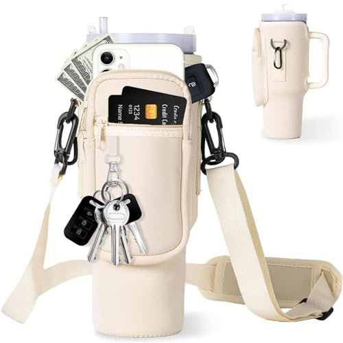 Deiksuir Multifunktionale Flaschentasche für Stanley Cup-Zubehör, 1,2 l, mit Handytasche, Kartenfach, Bergsteiger-Schnalle und Schlüsselanhänger, cremefarben