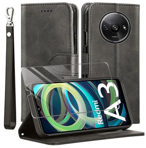 MQERYBV Coque pour Xiaomi Redmi A3,avec Verre trempé Protection écran,Antichoc TPU Housse en Cuir PU Portefeuille Etui [Béquille] [Fentes pour Cartes],Flip Case pour Xiaomi Redmi A3- Noir