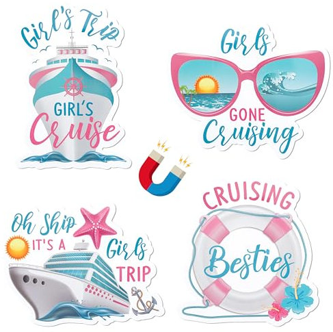JAPBOR 4pcs Nautical, Playful Girl Cruise Ship Magnets, 4 Count Pink Plastic Decorative Magnets for Refrigerator, Cabin, Car, Boat, Home Decor