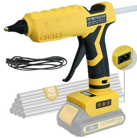 Mini pistola per colla a caldo Dual Power per Dewalt 20 V, 100 ℃-200 ℃ ad alta temperatura, 100 W con 10 bastoncini di colla da 10 mm per fai da te, artigianato, riparazioni domestiche (batterie non