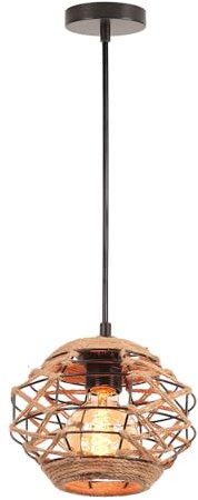 LIGKIN Pendelleuchte Rattan Vintage Industrieller E27 Kronleuchter Retro Hängeleuchte Boho Lampenschirm Metallkäfig und Hanfseil Deckenlampe für Wohnzimmer, Ø20cm