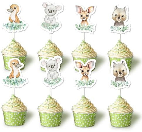 Fangleland 24 australische Tiere Cupcake Toppers für Jungen und Mädchen Geburtstag Baby-Dusche, Koala, Känguru, Schnabeltier und Wombat Patterned Cupcake Picks Kuchen Dekorationen