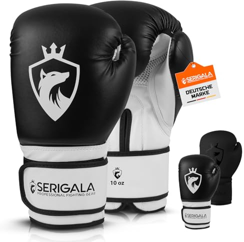 Serigala Boxhandschuhe mit idealer Stabilität und Schlagkraft - Punching Handschuhe für Boxen, MMA, Muay Thai, Boxsack Training und Sparring - Inklusive Tasche schwarz/weiß 10 oz
