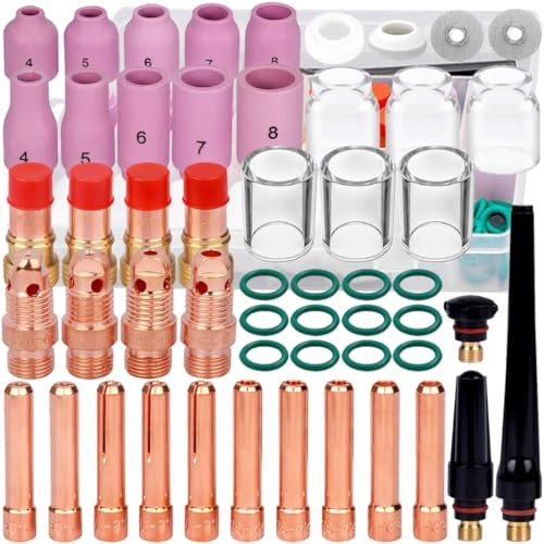 EATBALE Welding Torch Accessories Kit for TIG Welder Gun, Stubby Gas Lens Collet Bodies Alumina Nozzle #10/#12 Glass Cup Back Cup Collets O-Ring Gasket Diffuser for WP-17/18/26 Consumables (53 Pcs)