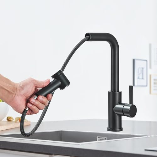 Robinet Cuisine Robinet de Cuisine Haute Pression avec Douchette Extractible, Robinet Evier de Cuisine avec Deux Fonctions de Pulvérisation, Pivotant à 360°, Acier Inoxydable (Noir)