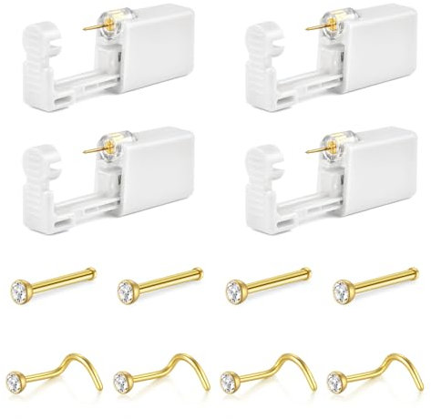 AceFun Kit pistolet à piercing nez,4 Pack pistolet à piercing nez jetable Kit piercing nez de sécurité avec anneaux nasaux Stud piercing nez Kit pistolet outil(Or)