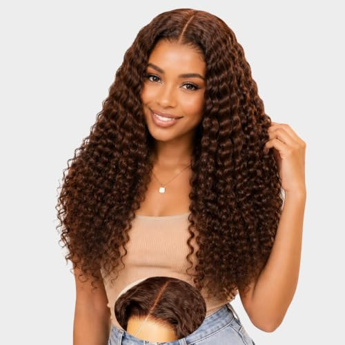 RXY 20 Pouces 200% Densité 9x6 Brun Chocolat Deep Wave Perruque Femme Naturelle Brésilien Wear And Go Sans Colle Perruque Cheveux Humain Glueless Wig Human Hair Pre Plucked Pre Cut(51cm)