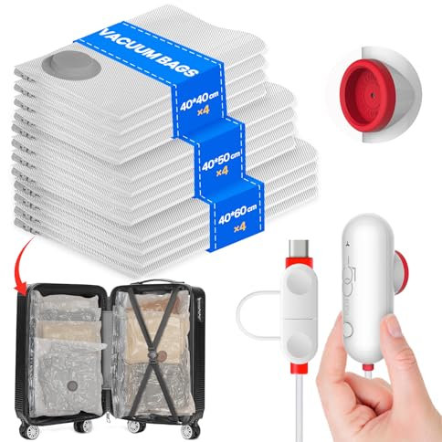 Vacbird Vacuum Storage Bags with Electric Pumps, 12-Pack Vacuum Bags for Clothes Travel, Reusable, Suitable for Clothing storage, Travel, Luggage and Suitcase Storage