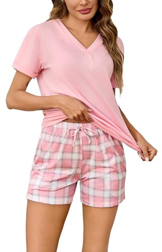 Jezonga Pyjamas Femme Ete Coton Ensembles de Pyjama Court Vêtements de Nuit Manches Courtes Col V avec Poches Latérales Rose L