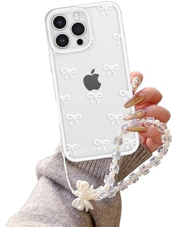 EYZUTAK Case for iPhone 16 Pro Max, Clear Cute Ribbon Bowknot Aesthetic Phone Case with Charm Bracelet Chain Raised Camera Protection Stylish Soft Durable TPU Protective Cover for Women Girls - White