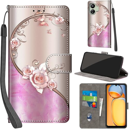 PHINIENLAND Cover per Xiaomi Redmi 13C 4G/5G PU Pelle Custodia Flip Rosa | Custodia in pelle PU, Chiusura magnetica, Supporto regolabile, Scomparti schede, Protezione totale per Xiaomi Poco C65