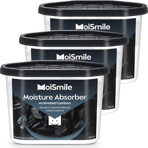 Moismlie Absorbente de humedad 3er Pack, Carbón activo para armario Absorbente de humedad, 10,5 oz. Cajas de absorción de humedad rellenables para armario, automóvil y bodega.