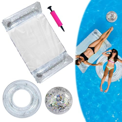 4 Stück Aufblasbares Schwimmbett, Pailletten Aufblasbare Wasserhängematte mit Schwimmring Wasserball Pumpe,4-in-1-Multifunktions Pool Luftmatratze für See Strand Schwimmbad Wasserspaß