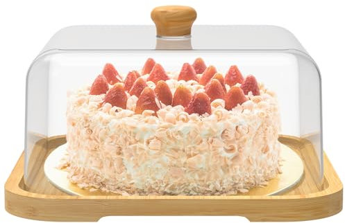 Cake Stand with Lid,12in Wooden Cake Holder,Square Dessert Table Display Plate with Acrylic Cover,Multi Purpose Charcuterie Board for Cheese,Chips & Dips, Nachos, Fruit Platter