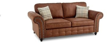 Germodify Oakland Faux Leather Sofa Set, 3-Seater and 2-Seater, Brown with Plaid Cushions, Tufted Design (3 SEATER)