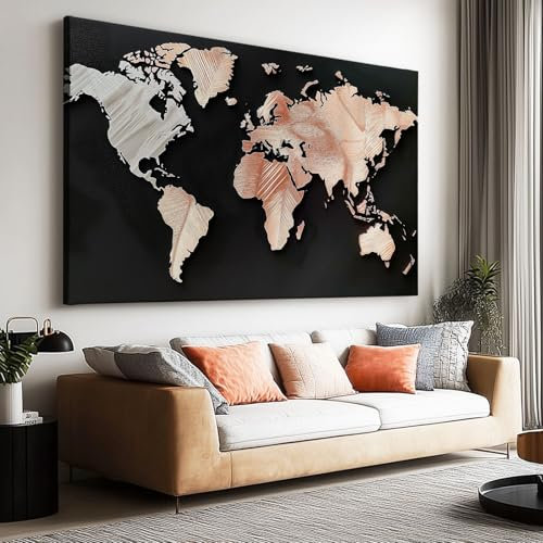 Großes Leinwandbilder Wandbilder Roségoldene Weltkarte bild auf leinwand Wandkunst Modern Aesthetic XXL Kunstdruck Deko für Wohnzimmer Schlafzimmer Geschenk 70 x 50 cm