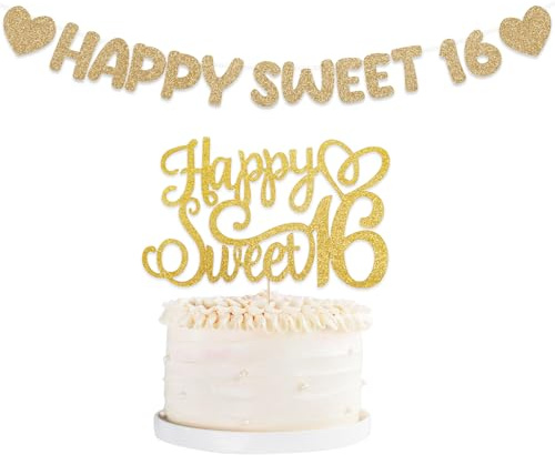 Happy Sweet 16 Banner & Happy Sweet 16 Cake Topper Glitzer 16 Geburtstag Dekorationen Gold Happy 16th Birthday Banner für Mädchen Jungen