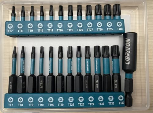 LIBRATON Sicherheits-Torx-Bitset, 25-tlgs Tamper Proof Sternbits für Schlagschrauber, S2-Stahl Schraubendreher-Bits mit Magnetischen Spitzen (1 und 2 lang), Inkl. Magnethalter und Aufbewahrungsbox