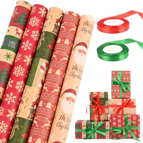 HOMIKLSA Lot de 5 rouleaux de papier cadeau de Noël pour enfants (43 cm x 300 cm) avec rubans de Noël rouges et verts et ruban adhésif double face pour garçons et filles