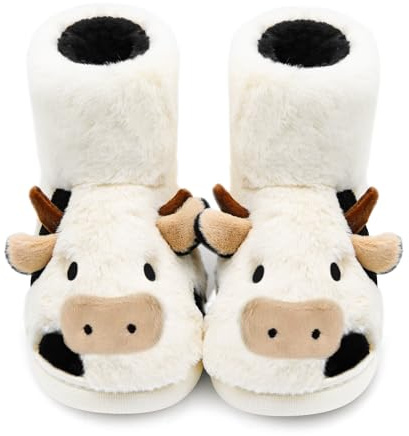 PUWAN Cow Bootie Slippers for Women Men, Cute Animal Cozy Memory Foam Fuzzy Slipper Boots Plush Lining Warm Winter House Shoes for Indoor Outdoor Size 10-11