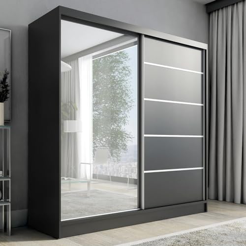 A&J MöbelLand Schwebetürenschrank KARO 1 Kleiderschrank 2-türig mit Spiegel Garderobenschrank 200 cm (Schwarz)