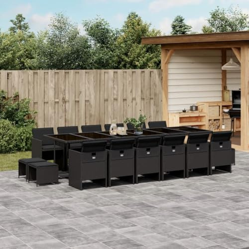 JHQHSM 17-TLG. Garten-Essgruppe mit Kissen Schwarz Poly Rattan, Klappbare Stühle mit Stauraum und Waschbare Bezüge für Terrasse Diese 17-teilige Gartengarnitur aus robustem
