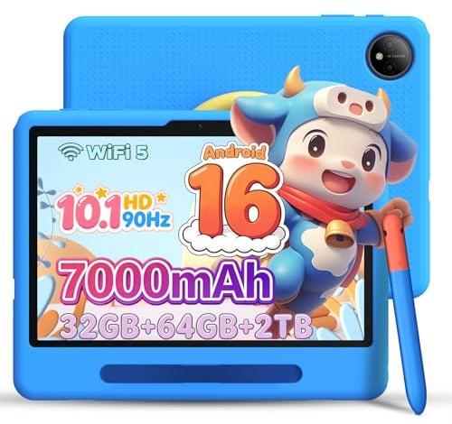 POPUX P10 Kid Tablet Bambini 10 Pollici, Tablet Android 16, 90Hz, 32GB RAM+64GB ROM, 7000mAh, Vetro Curvo 2.5D, WiFi5/Face ID/OTG/Widevine L1, Tablet Con Penna e Custodia Protettiva,Jack 3,5 mm-Blu