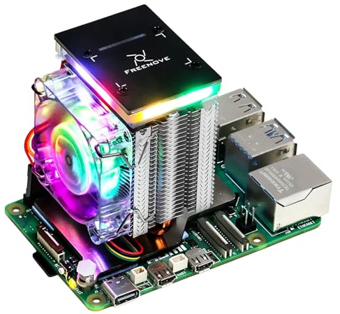 Freenove Active Cooler for Raspberry Pi 5, Fan Tower Cooler, Aluminum Heatsink with Heat Pipe, PWM Cooling Fan with Controllable ARGB Light, Multiple Cooling and Lighting Modes