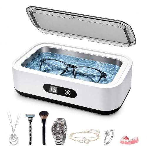 650ML Ultrasonic Jewellery Cleaner with 5 Timer Modes, 49000Hz Professional Sonic Cleaner with Digital Display, Large Capacity Silver Cleaner Machine for Eyeglasses, Rings, Watches (White)