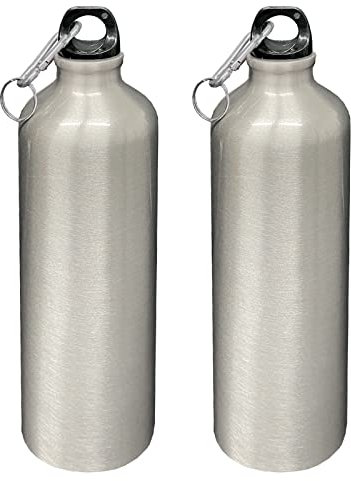 HAC24 2er Set Aluminium Trinkflasche Silber 750ml mit Karabiner Alu Wasserflasche Sportflasche Fahrradflasche Aluflasche