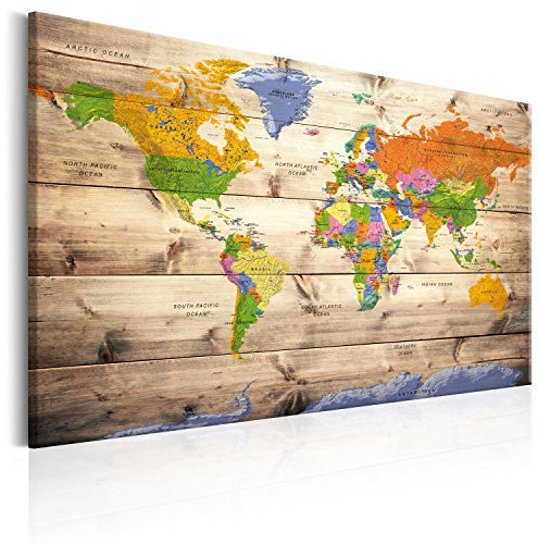 B&D XXL Weltkarte Pinnwand & Vlies Leinwand Bild 120x80 cm XXL Bilder mit Kork Rückwand 1 Teilig Kunstdruck Korktafel Korkwand Memoboard Pinboard Wandbilder Karte Kontinente Welt