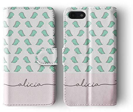 Tirita Personalised Initials Custom Wallet Leather Flip Phone Case Cover Compatible with iPhone 12 Mini Kawaii Dinosaur Dino Cartoon