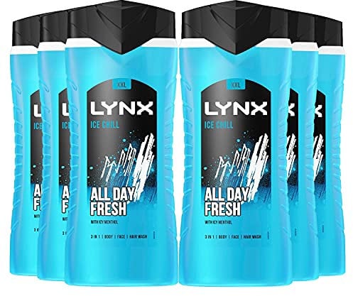 6 Pack of 500ml Lynx 3-in-1 Ice Chill All Day Fresh with Icy Menthol Body wash Wash, 225ml with Plant-based Moisturisers Dermatologically Tested, Keep Smelling Irresistible!