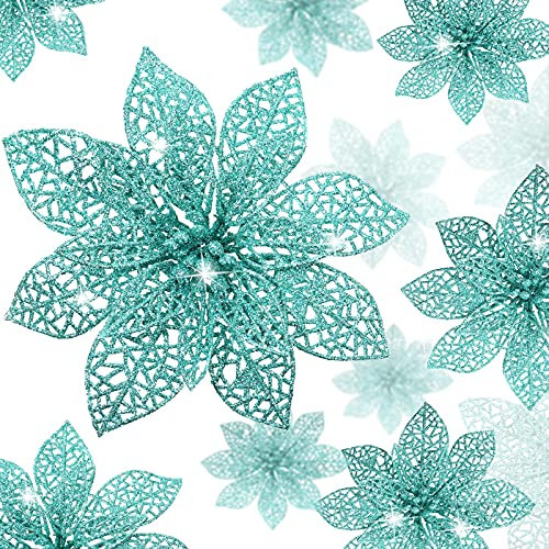 WILLBOND 36 Stück Weihnachtliche Glitzer Weihnachtsstern Blumen Hochzeit Glitzer Blumen Weihnachtsstern Blüten Deko Weihnachtsbaum Neujahr Ornamente (Blau Grün)