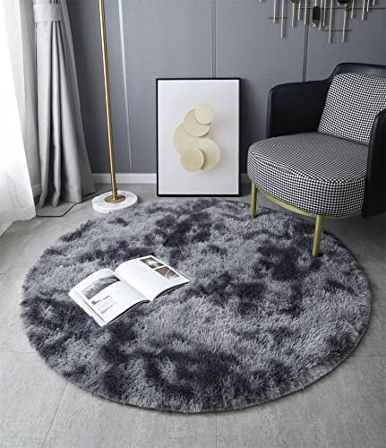 LYKEJI Runder Teppich, Langflor, Modern, für Wohnzimmer, Schlafzimmer, Esszimmer oder Kinderzimmer, Komfortable Hochflor-Bodenmatte Anti-Rutsch-Teppich (140cm X 140cm, Dunkelgrauer Tie-Dye)