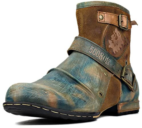 OSSTONE Herren Stiefel aus Rindsleder Lederstiefel mit Gummisohle Biker Boots mit Reißverschluss Männer Stiefeletten OS-5008-1-AY,Grün Braun US10.5(EU44