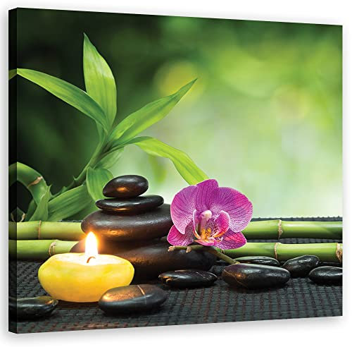 Feeby Tableau toile Bambou Spa Zen Bougies 30x30 cm Image Photo Nature morte Pierres Orchidée vert