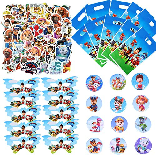 Newtic Pa-w Dog Party Bags - Children's Birthday Set Includes 50 Stickers, 12 Badges, 10 Gift Bags, 10 Masks for Pat-rol Themed Celebration