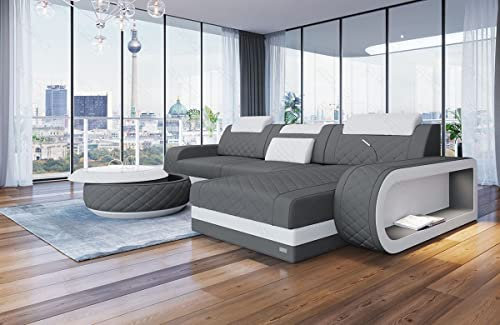 Sofa Dreams Ecksofa Berlin Stoffsofa - mit LED Beleuchtung, verstellbare Kopfstützen, Ottomane/Mikrofaser/Ausrichtung wählbar (Ottomane rechts, Weiss-Grau)