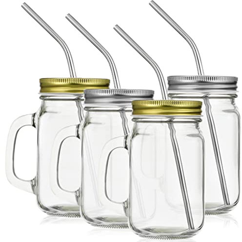 Alipis 4 Sets Jar Mug with Handle, 16oz Drinking Glasses Cup with Colorful Tin Lid and Stainless Steel Straw, Reusable Water Tumbler Clear Wide Mouth Jar for Juice, Coffee, Milk